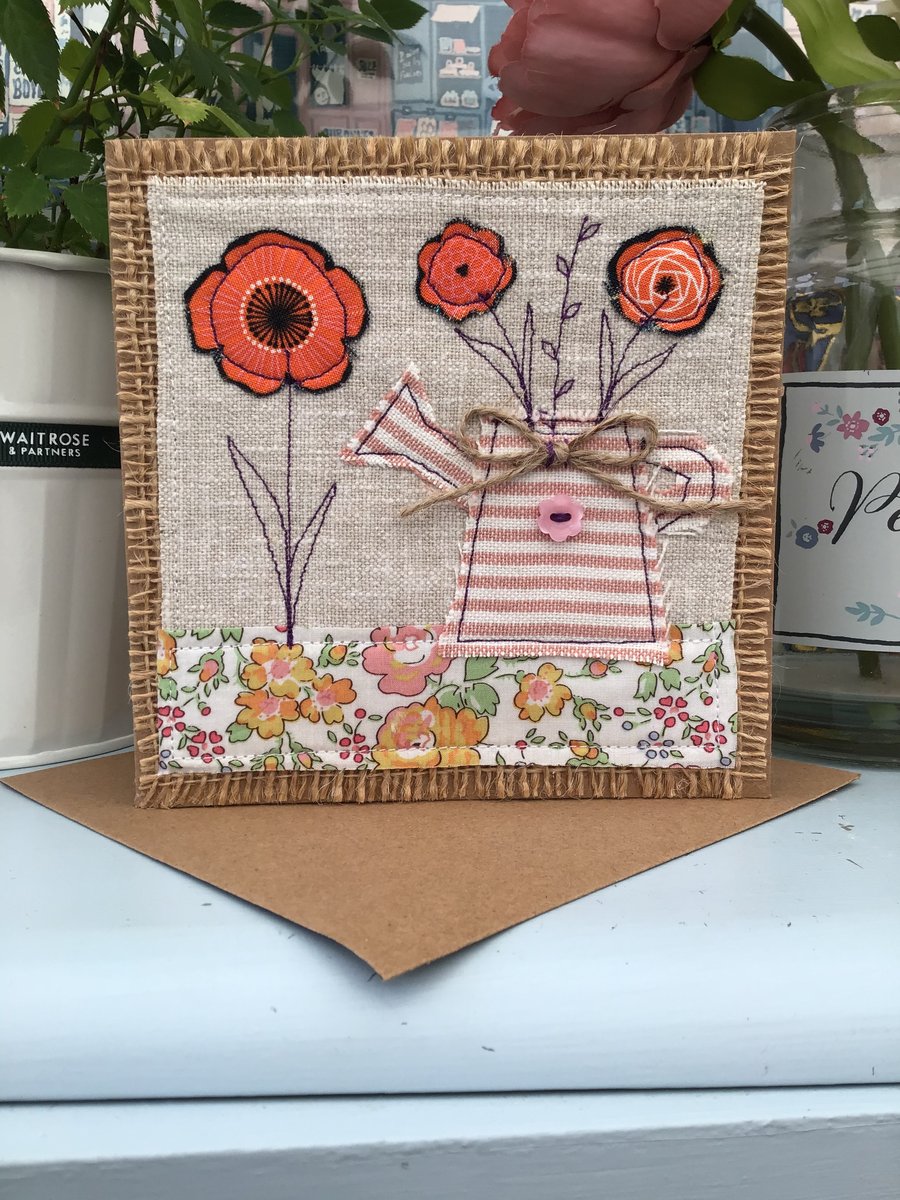 embroidered garden lover card, female birthday card, cottage garden card, blank