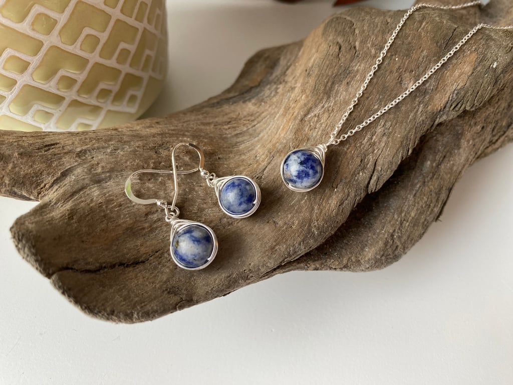 Sodalite Necklace and Earrings Set, sterling silver