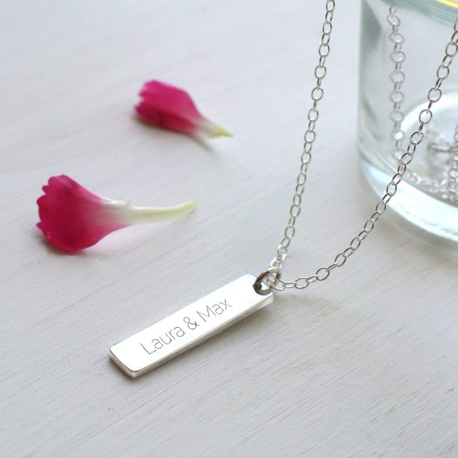 Personalised Sterling Silver Little Vertical Bar Necklace, Valentine's Day gift