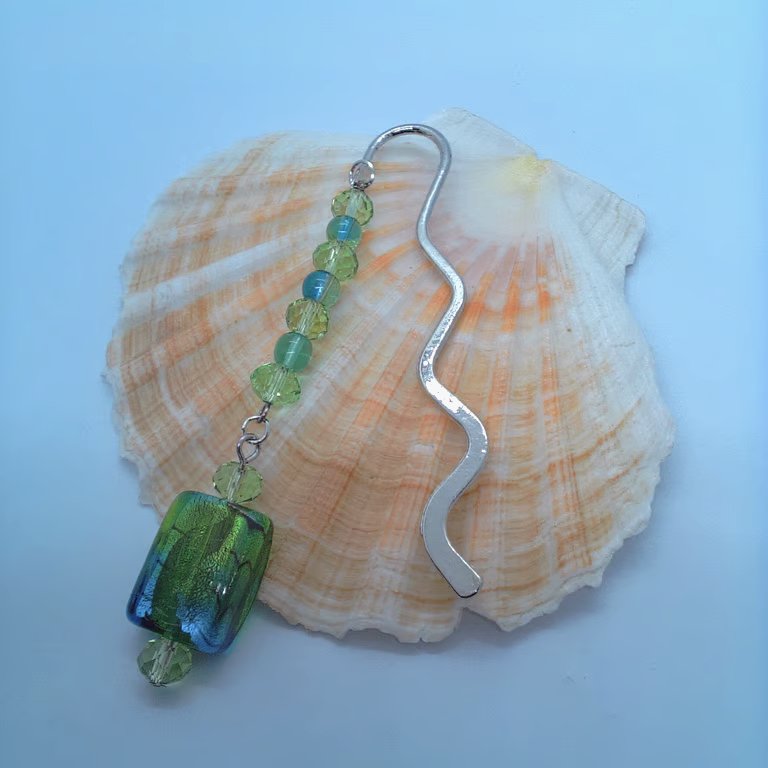 Silver Plated Bookmark with Crystals Green & a Lampwork Rectangle, Gift for Her