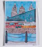 Albert docks view liverpool watercolour print A5 - Image 5