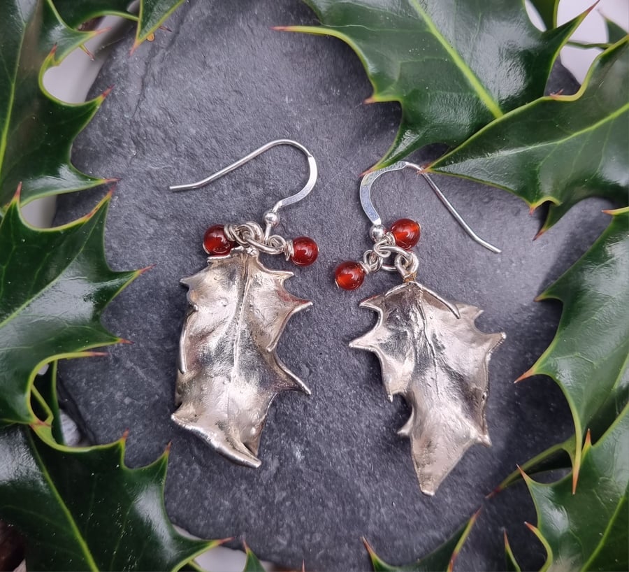 Real Holly leaves preserved in silver dangly earrings