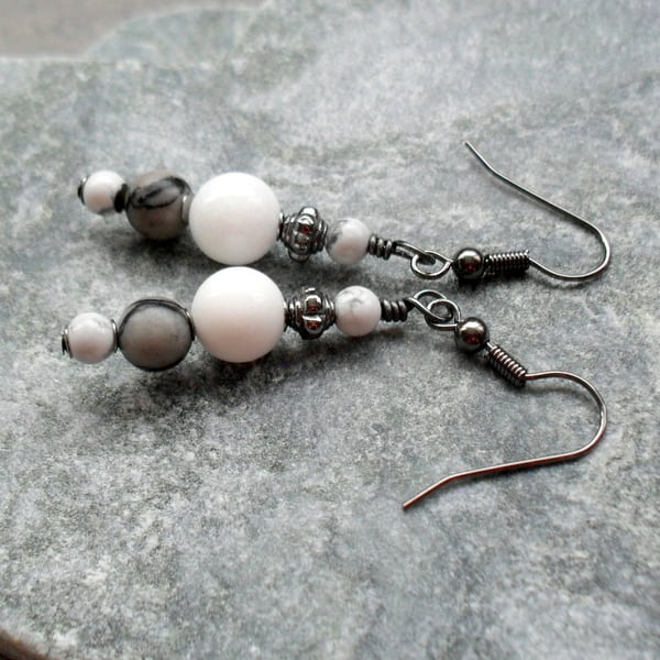 White Quartz and Jasper Drop Black Tone Earrings