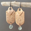 Bronze and seaglass drop earrings, recycled material