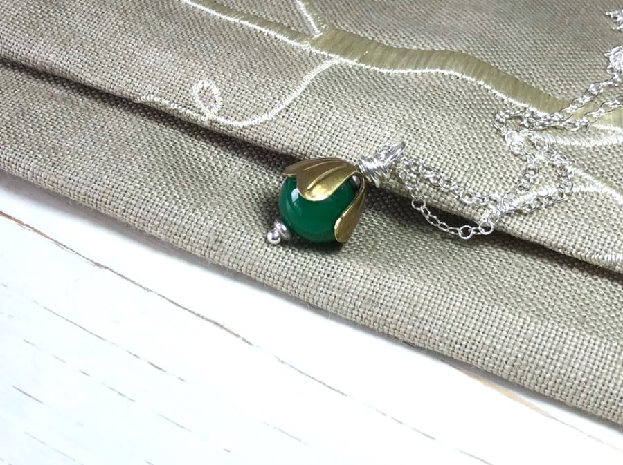 Jade Pendant with Brass Cap on a Silver Chain