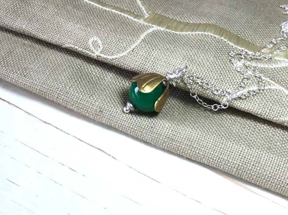 Jade Pendant with Brass Cap on a Silver Chain