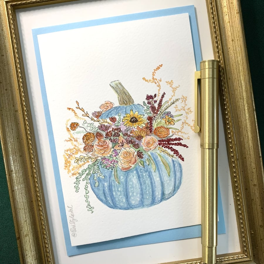Autumn Floral Pumpkin Card - Original Watercolour Card