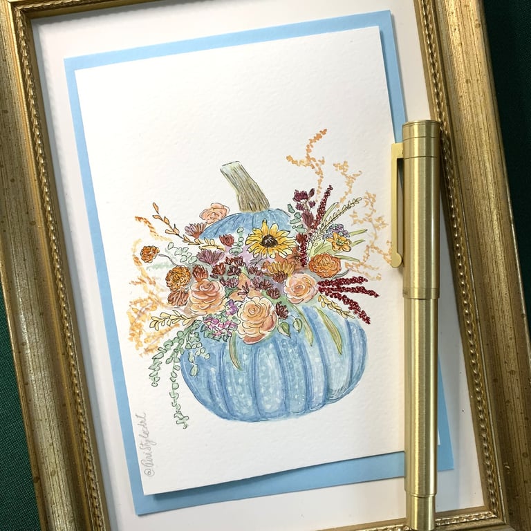 Autumn Floral Pumpkin Card - Original Watercolour Card