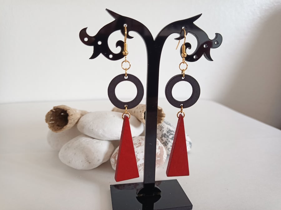 Red Isosceles Triangle and Black Hoop WoodenEarrings
