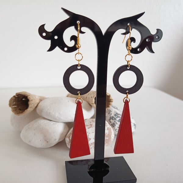 Red Isosceles Triangle and Black Hoop WoodenEarrings