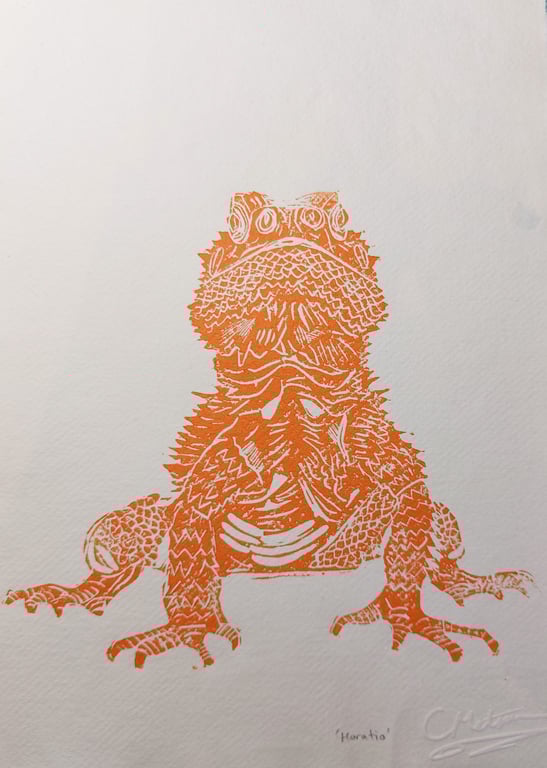'Horatio' - Orange Bearded Dragon portrait - A4 original lino print