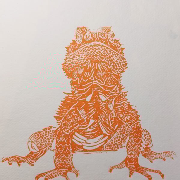 'Horatio' - Orange Bearded Dragon portrait - A4 original lino print