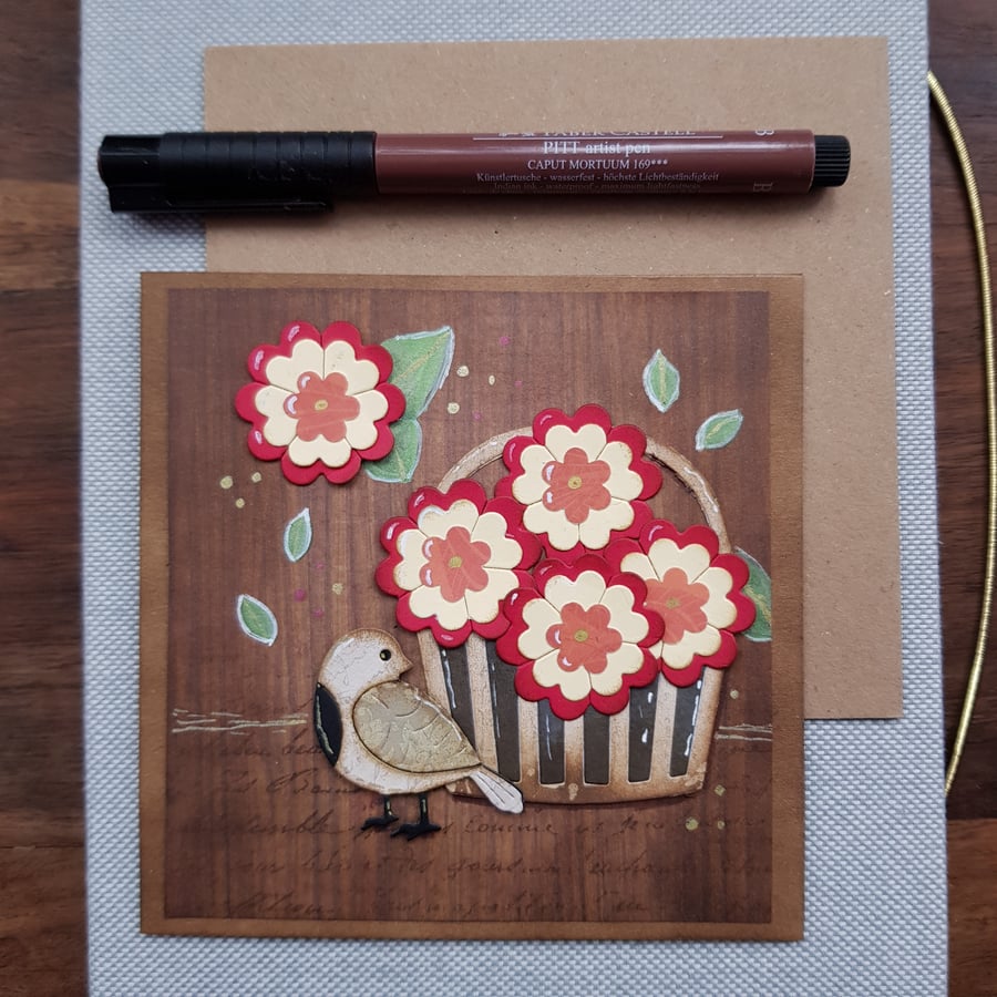 Handmade blank card, keepsake Basket of yellow and red flowers and songbird