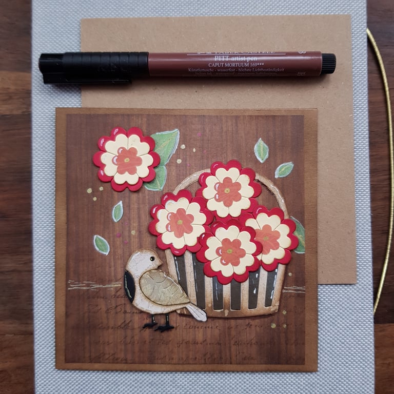 Handmade blank card, keepsake Basket of yellow and red flowers and songbird