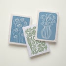Set of 3 Handmade Floral Cards - Lino Print Greeting Card Bundle
