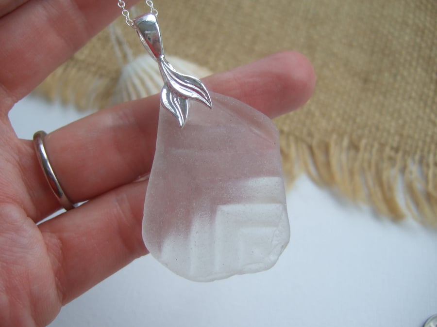 Scottish white sea glass pendant on sterling bail, white wave shaped sea glass