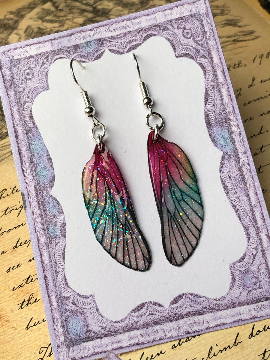 Dark Pink Sterling Silver Fairy Wing Earrings