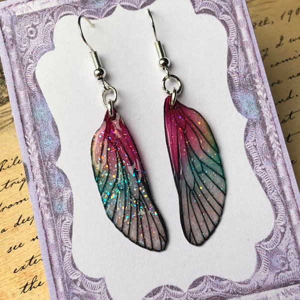 Dark Pink Sterling Silver Fairy Wing Earrings