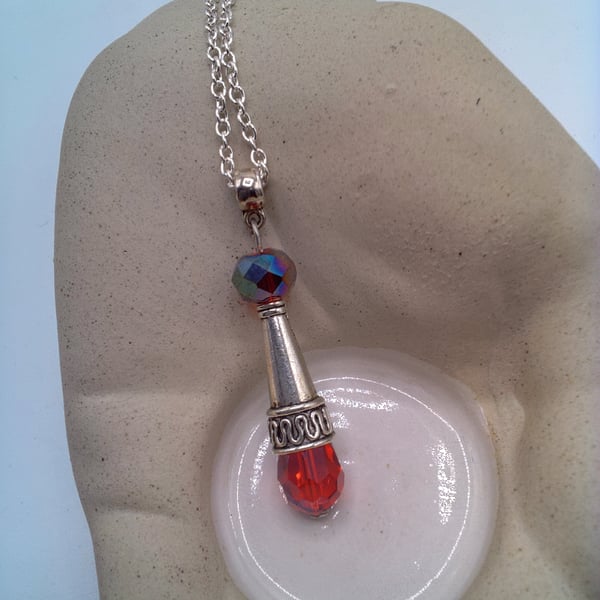 Red Crystal and Silver Cone Pendant on a Silver Plated Chain, Valentine Gift