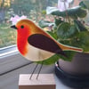 Fused glass robin on wooden stand