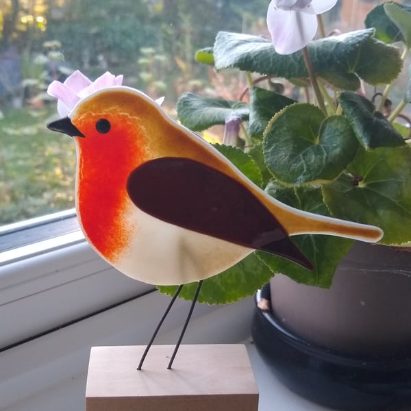 Fused glass robin on wooden stand