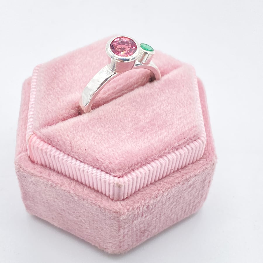 Pink Tourmaline and Emerald Silver Ring Handmade 