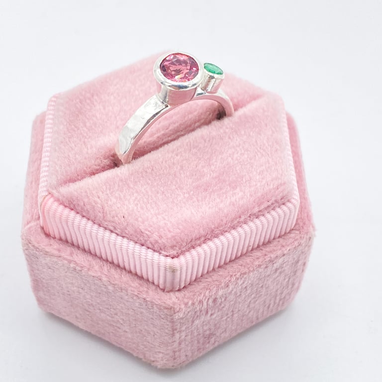 Pink Tourmaline and Emerald Silver Ring Handmade 
