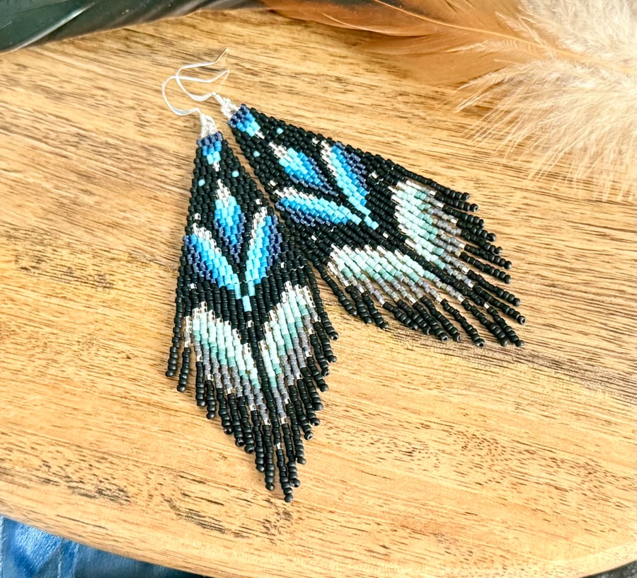 Blue lily flower beadwork fringe earrings