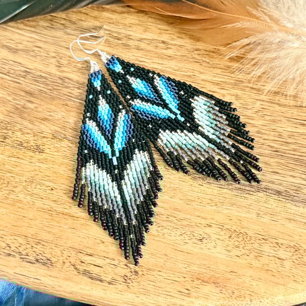 Blue lily flower beadwork fringe earrings