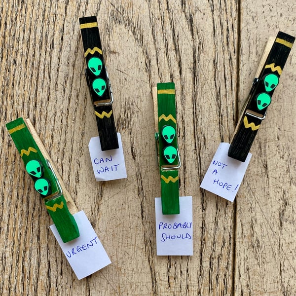 Set of 4 Wood and Clay Alien Magnetic Clip Organisers