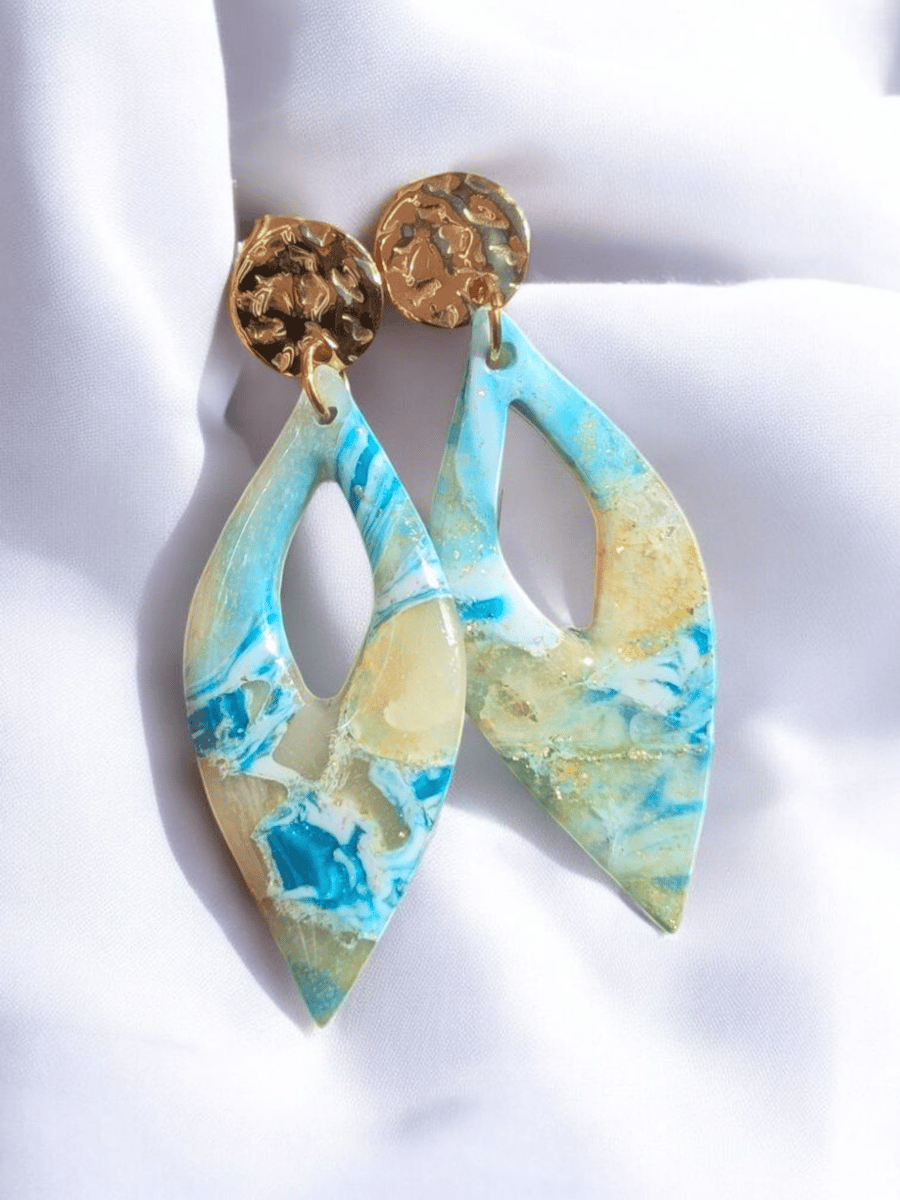 Ocean Marble Effect Handmade polymer clay drop earrings (SL1)