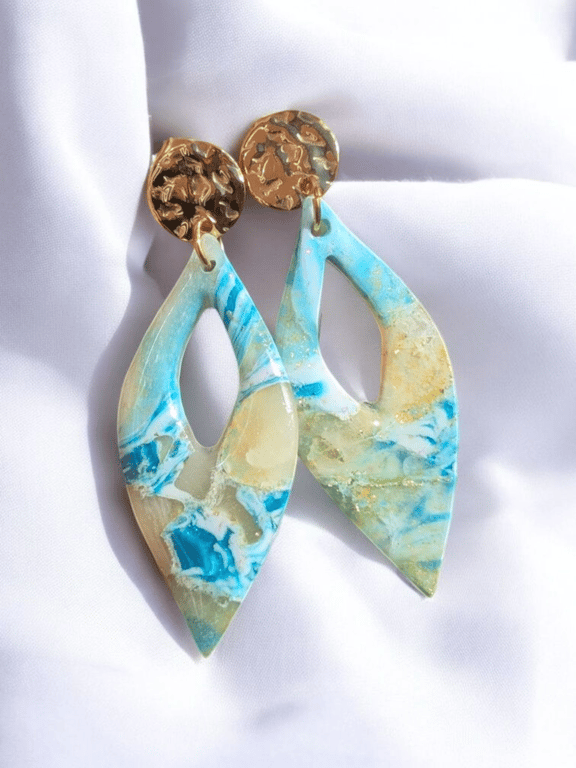 Ocean Marble Effect Handmade polymer clay drop earrings (SL1)