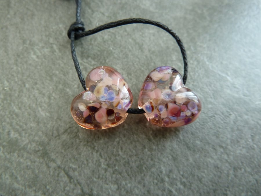pink frit heart, lampwork glass beads 