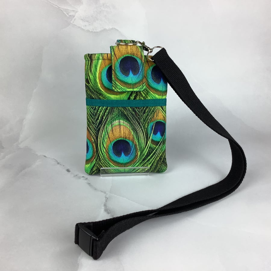 Peacock feathers lanyard pouch, Phone cover, Travel case, Detachable lanyard