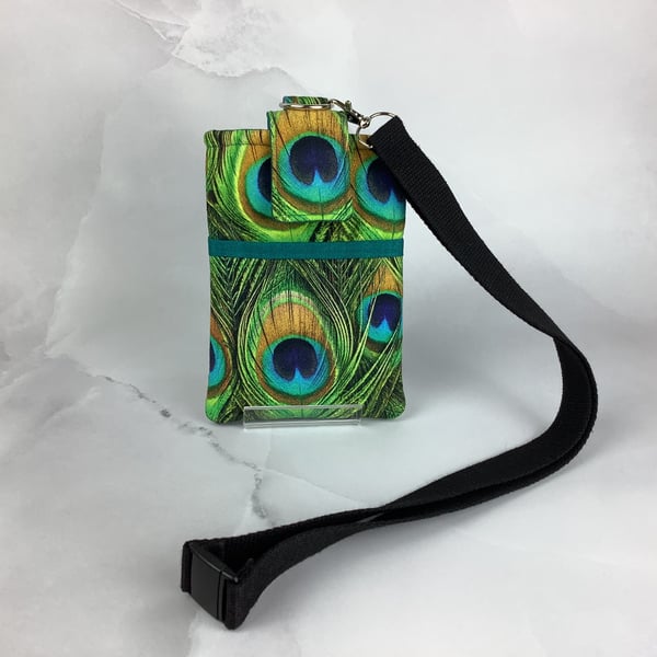 Peacock feathers neck bag, phone cover, Travel case, Detachable strap