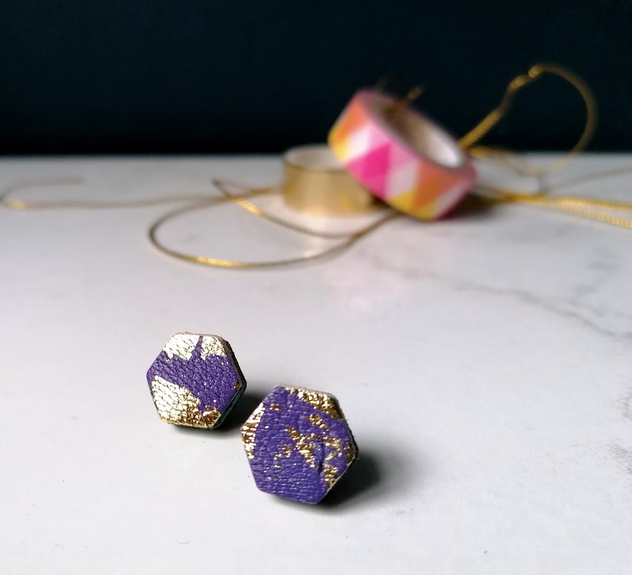 Hexagon Stud Earrings - Repurposed Leather - Purple
