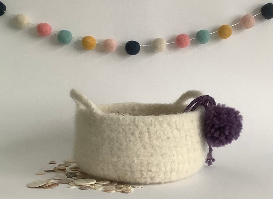 FELTED 'FUSSPOT'  BOWL , desk tidy . White, purple (with handles ).Pompoms.
