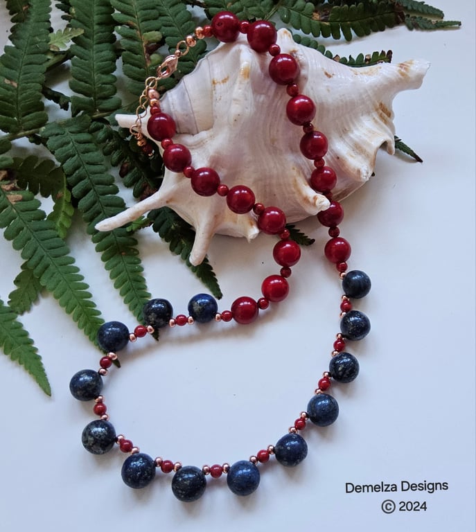 Eco Red Coral, Lapis Lazuli Hand Made Rose Gold Plated Necklace