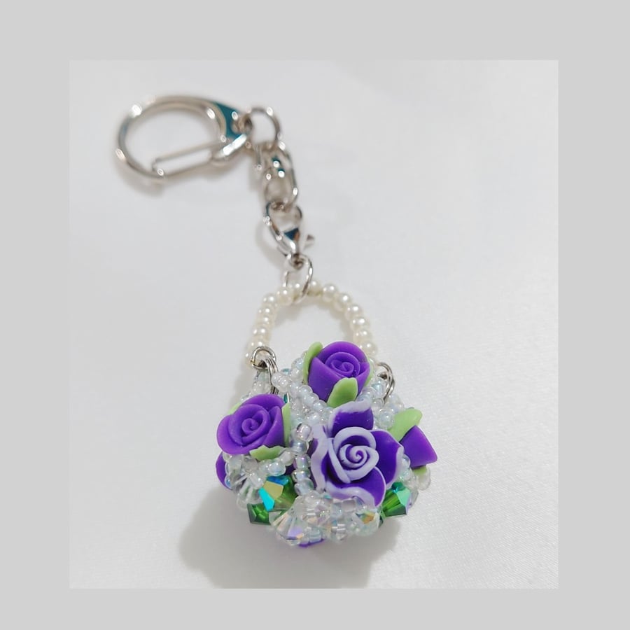 Bicone Glass & Flower Basket Keychain (Purple and Green)