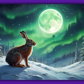 Hare Under Moon With Northern Lights Greeting Card A5