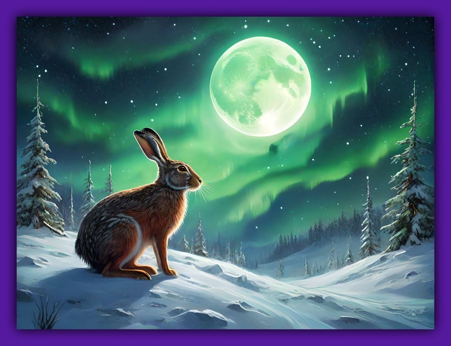 Hare Under Moon With Northern Lights Greeting Card A5