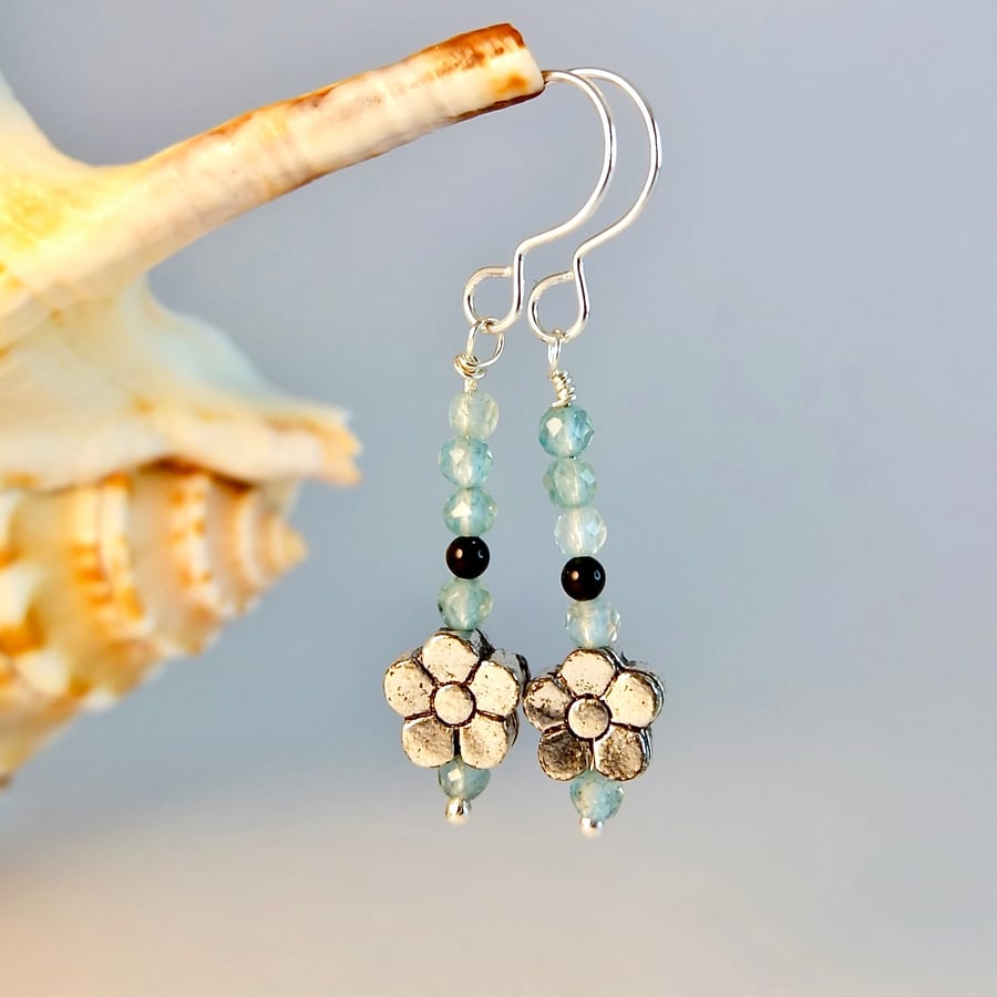 Faceted Apatite, Onyx and Flower Earrings - Birthday, Anniversary, Gift For Her