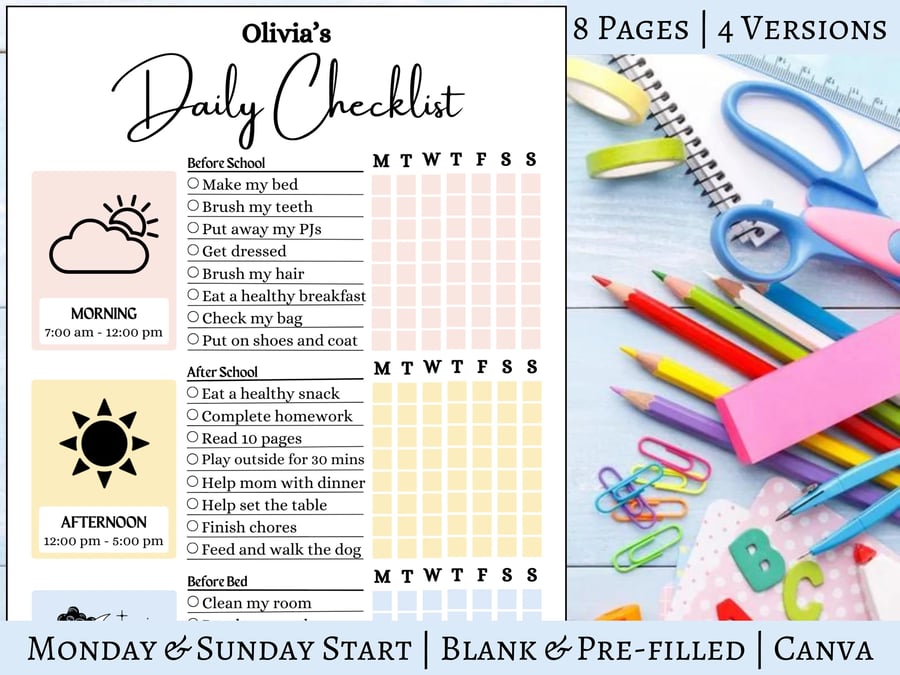 Editable Daily Checklist for Kids, Kids To Do List, Canva Template