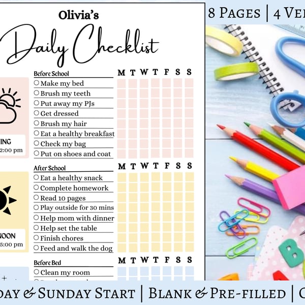 Editable Daily Checklist for Kids, Kids To Do List, Canva Template