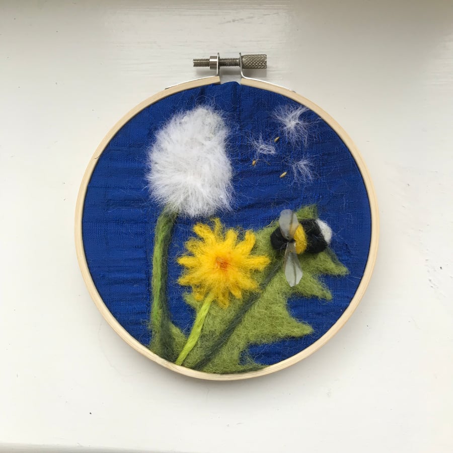 Needle felted bee and dandelion picture 