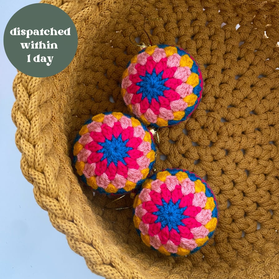 Set of 3 crochet Christmas baubles -  bright pink and yellow