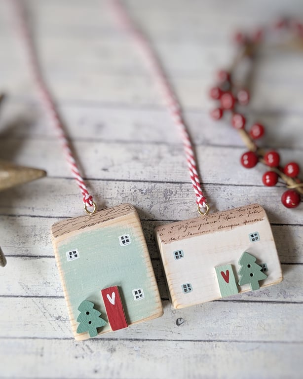 Set of 2 Wooden Christmas House Hanging Decorations