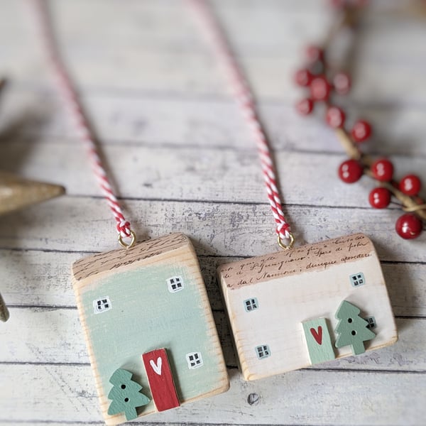 Set of 2 Wooden Christmas House Hanging Decorations