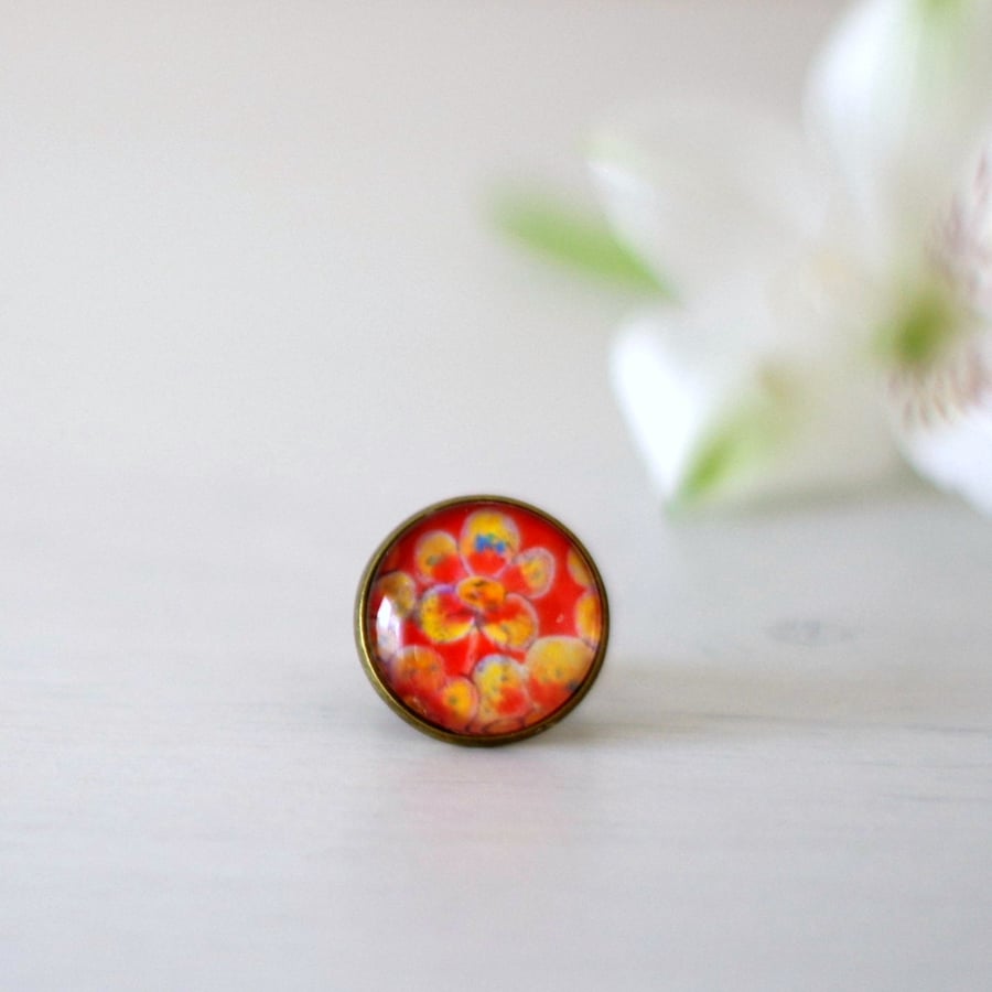 Red Adjustable Ring, Red Flowers Glass Ring with Floral Art Print