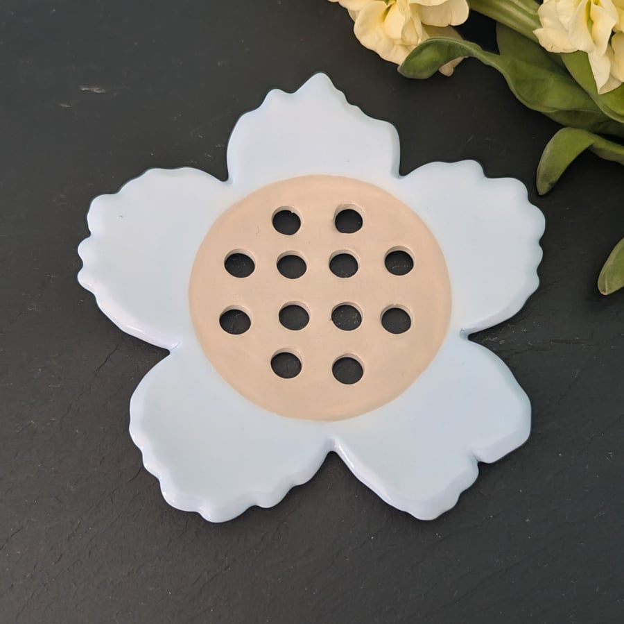 Ceramic pastel blue small flower frog